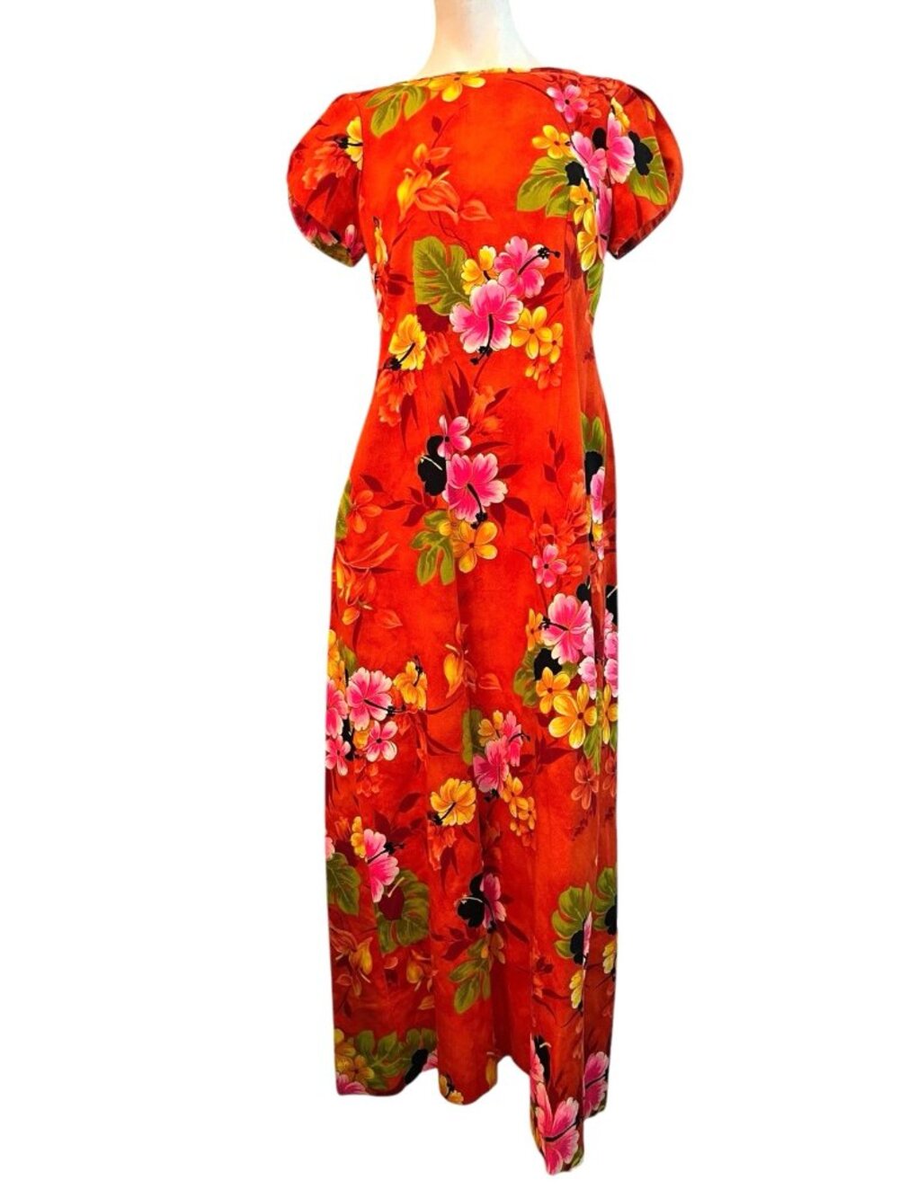 Hawaiian Fashions Small Bright Orange Barkcloth Hibiscus Maxi Dress Island Vtg